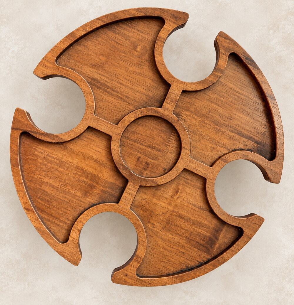 Vtg Folding Wood Picnic Wine Table Round 4 Glass Holders Charcuterie Tray